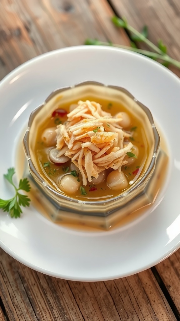 Savory clam jelly with shredded catfish, garnished with herbs, presented on a rustic wooden table.